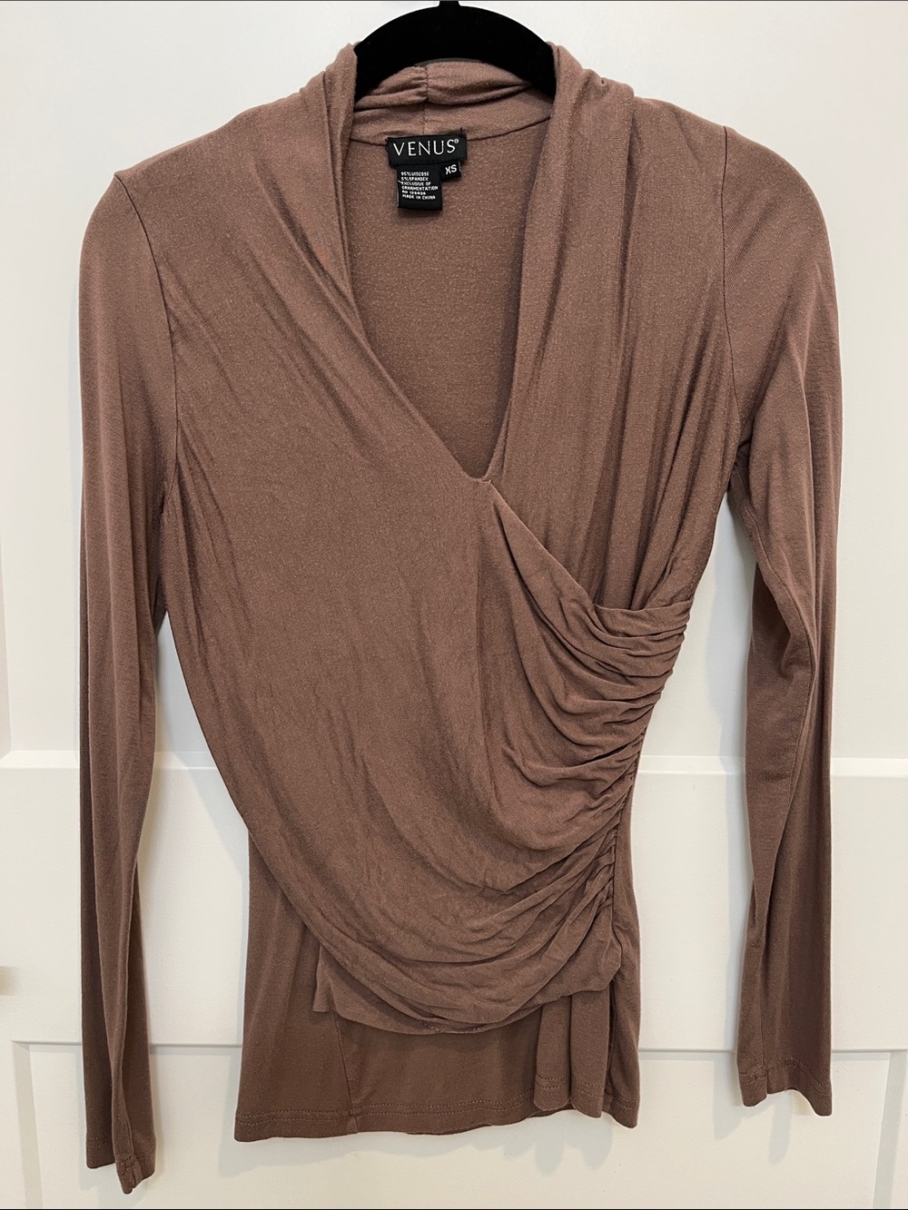 VENUS Taupe Brown Ruched Wrap-Front Long Sleeve Top XS